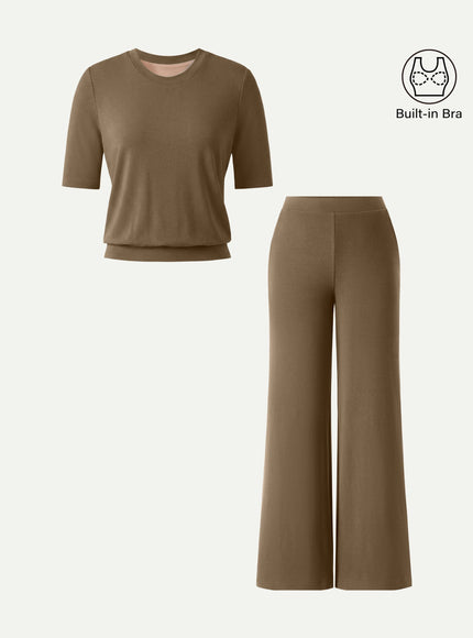 2Pcs Set Regular Mid Rise Wide Leg Pants & Crewneck Built-In Bra Top