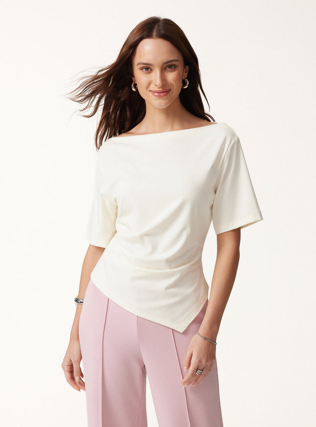 Cotton Blend Boatneck Elbow Sleeve Asymmetrical Tucked Top