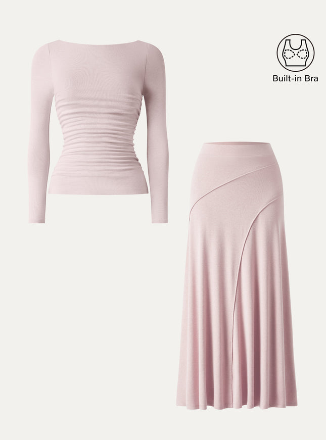 2Pcs Set Boatneck Built-In Bra Top & Drapey A-Line Maxi Skirt