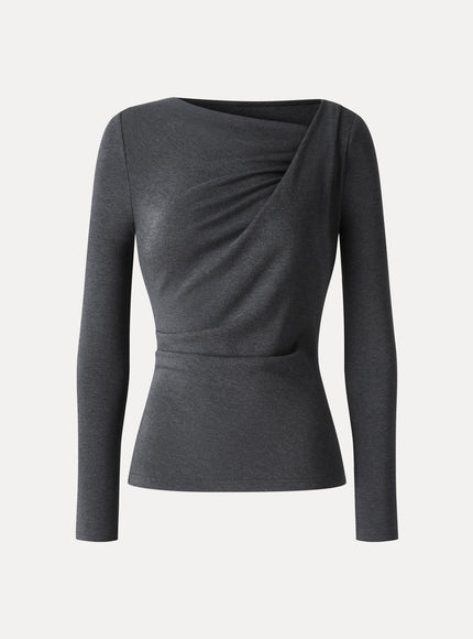 Asymmetrical Neck Long Sleeve Tucked-Waist Top