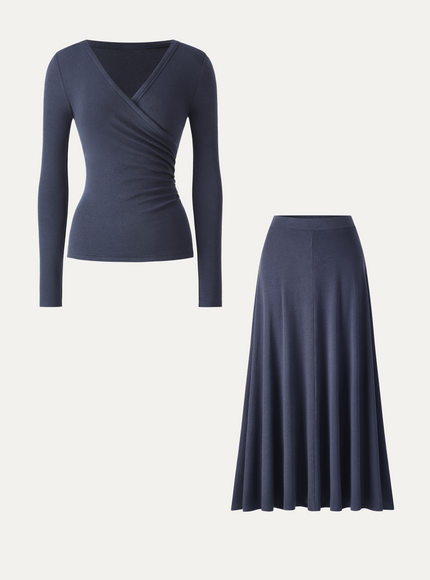 2Pcs Set Surplice Ruched Top & Blend Mid-Rise Umbrella Maxi Skirt