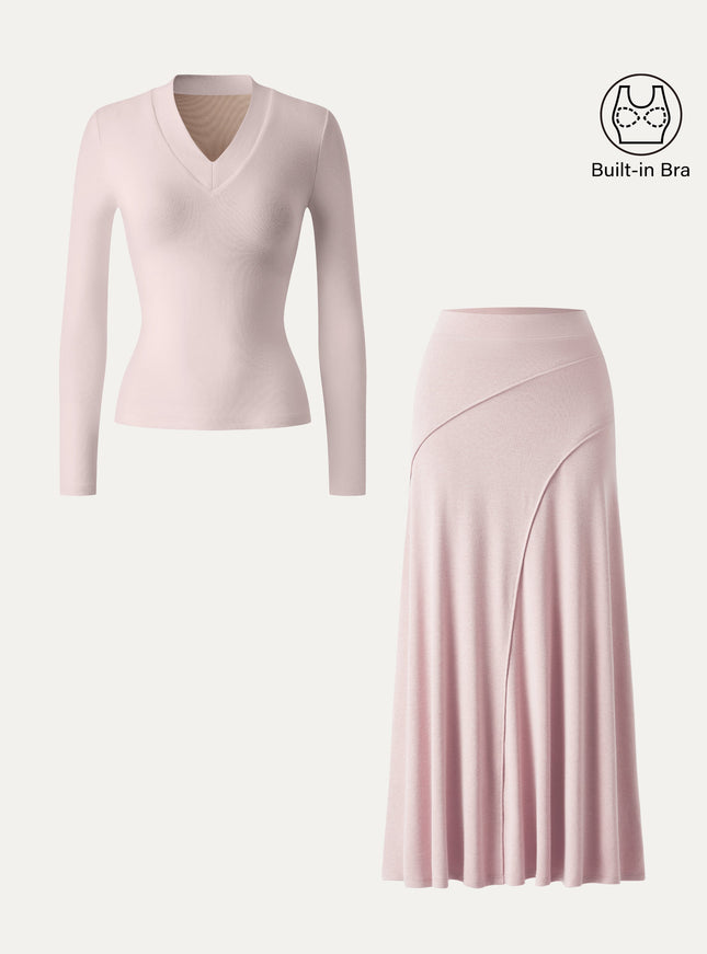 2Pcs Set V-neck Wide Binding Built-In Bra Top & Drapey A-Line Maxi Skirt