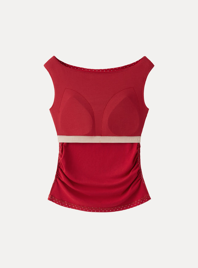 Stretch Cotton Polka Dot Boatneck Ruched Built-In Bra Top Limited Edition