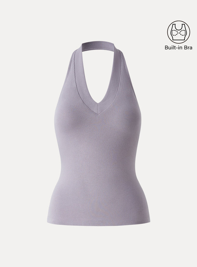 Halter Neck Open Back Built-In Bra Tank