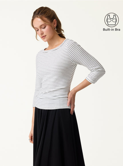 Striped Parisian Boatneck 3/4 Sleeve Built-In Bra Top