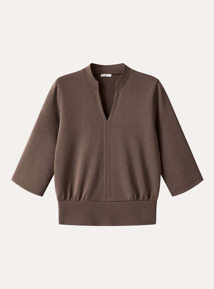 Lyocell Spacer Knit V-Neck Elbow Sleeve Banded Top