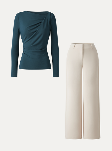 2Pcs Set Asymmetrical Neck Long Sleeve Top & Mid Rise Wide Leg Trouser