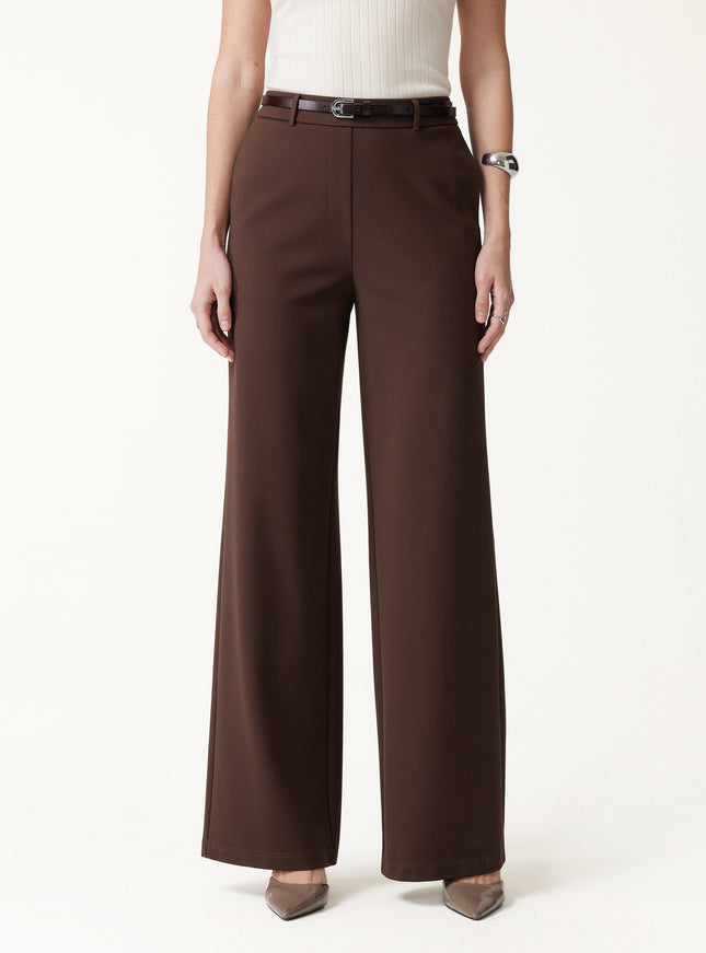 Ponte Mid-Rise Wide-Leg Pants with Pockets - Hickory Brown