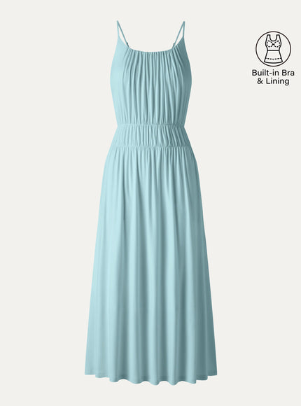 Vacay Gathered U-Neck Spaghetti Midi Built-In Bra Dress with Pockets