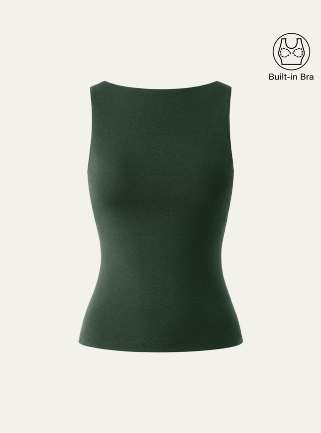 Stretch Cotton Boatneck Built-In Bra Tank