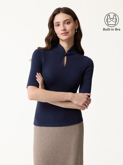 Teardrop Neck Elbow Sleeve Built-In Bra Top