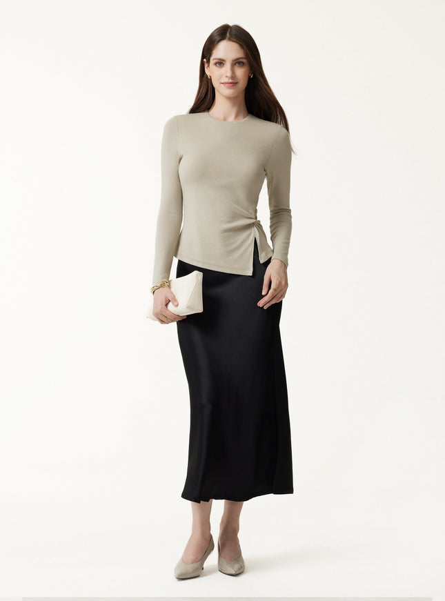 Round Neck Long Sleeve Twist-Hem Built-In Bra Top