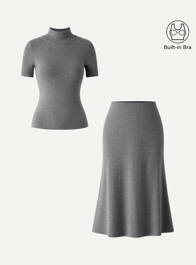 2Pcs Set Mockneck Built-In Bra Top & Pull-On Midi Skirt
