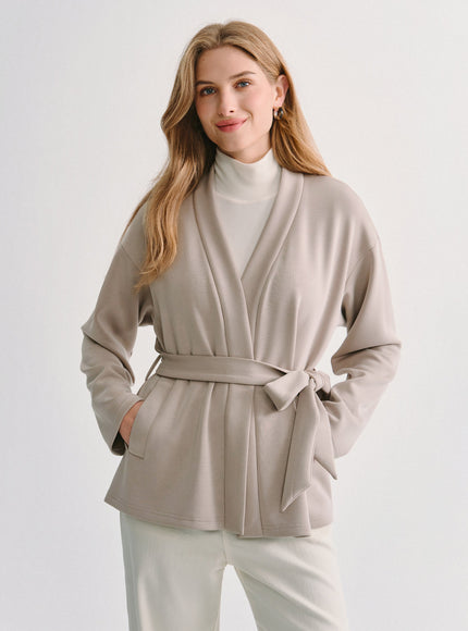 2Pcs Set MaxWarm Belted Wrap Cardigan Coat with Poclets & High-Rise Straight-Leg Pants with Pockets