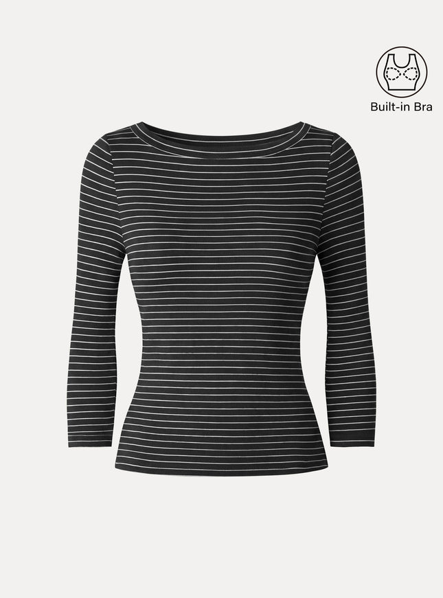 Striped Parisian Boatneck 3/4 Sleeve Built-In Bra Top