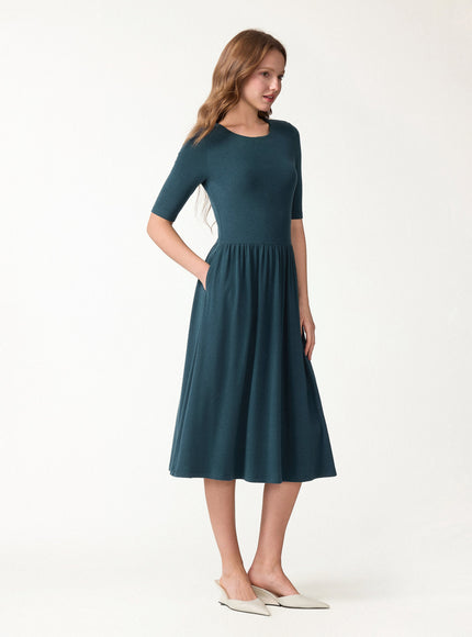 Round Neck Fit-and-Flare Midi Built-In Bra Dress with Pockets