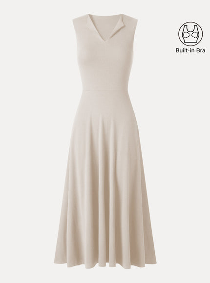 Ribbed Collared V-Neck Sleeveless A-Line Midi Built-In Bra Dress with Pockets