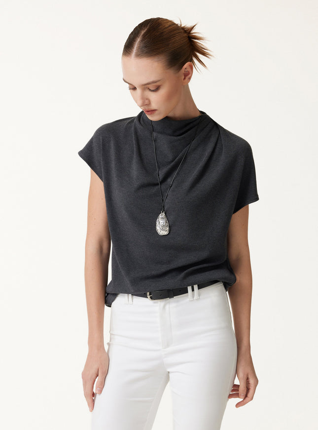 Draped Mock Neck Cap Sleeve Top