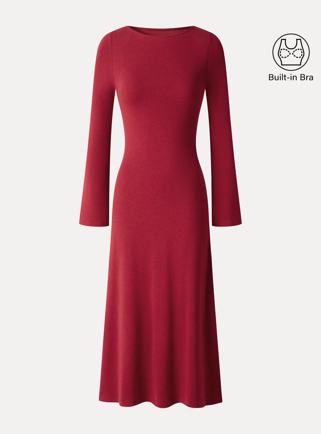 Boatneck Bell Sleeve Midi Built-In Bra Dress