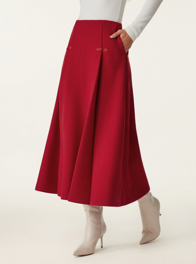 Wool-like Frog Button A-Line Midi Skirt Limited Edition