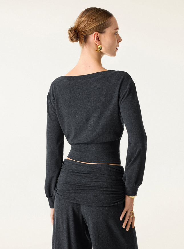 2Pcs Set Boatneck Built-In Bra & Drapey Wide Leg Pull-on Pants with Pockets