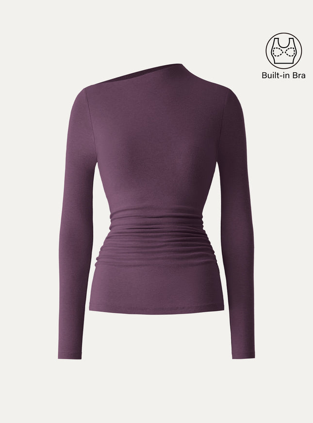 Slanted Mockneck Ruched Built-In Bra Top