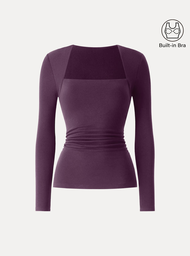 Trapeze Neck Long Sleeve Ruched Built-In Bra Top - Espresso Shut