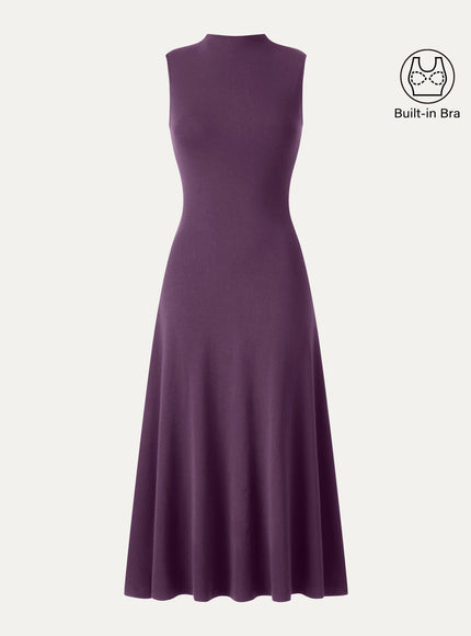 Mock Neck Sleeveless A-Line Midi Built-In Bra Dress