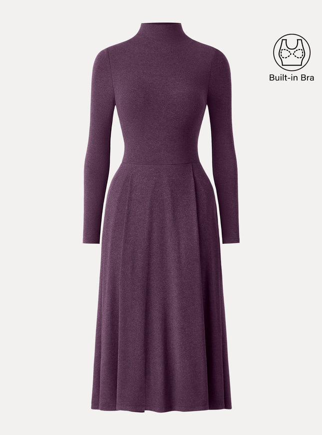 Mockneck Pleated Midi Built-In Bra Dress with Pockets