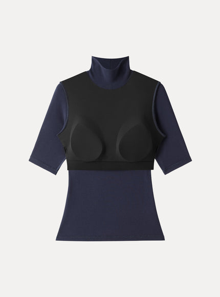 Essential Turtleneck Elbow Length Sleeve Built-In Bra Top - Midnight Navy