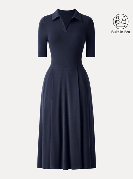 Polo Neck Elbow Length Sleeve Midi Built-In Bra Dress with Pockets