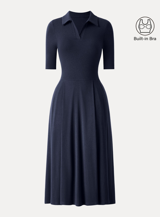 Polo Neck Elbow Length Sleeve Midi Built-In Bra Dress with Pockets
