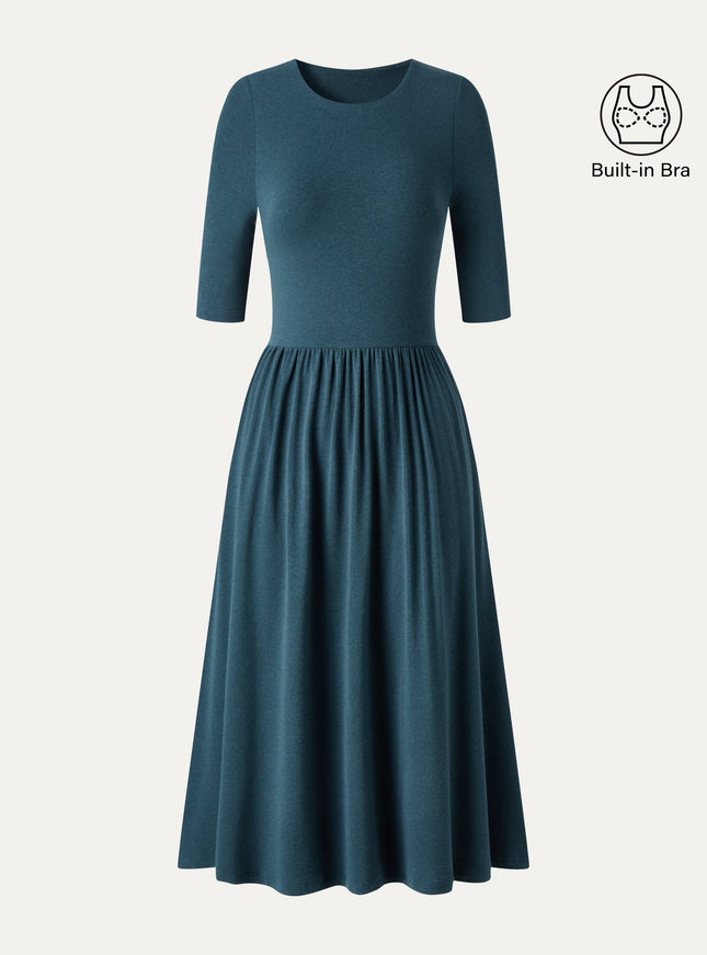 Round Neck Fit-and-Flare Midi Built-In Bra Dress with Pockets
