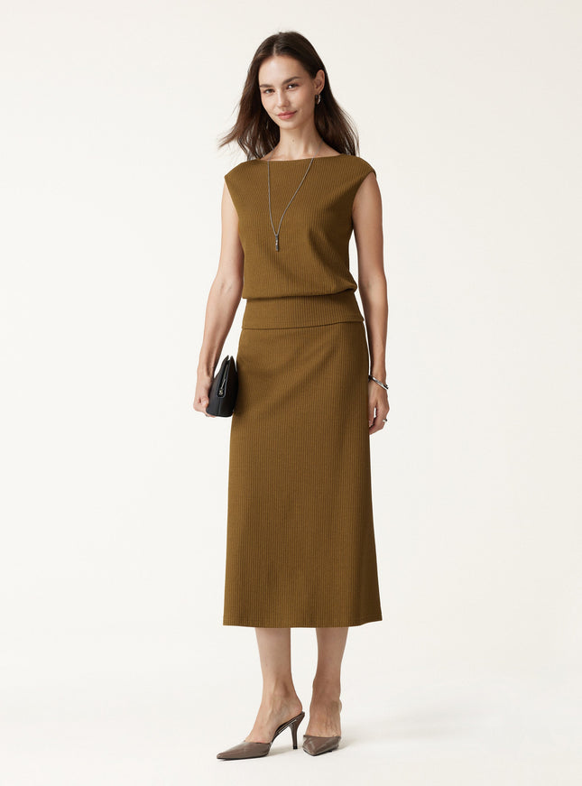 Textured Cotton Blend Boatneck Sleeveless Banded Hem Top