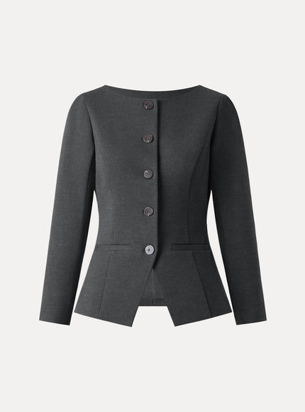 Ponte Office Round Neck Long Sleeve Jacket with Pockets