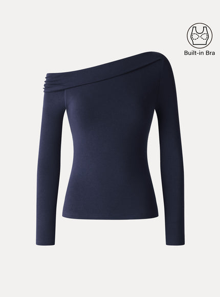Asymmetrical Neck Long Sleeve Built-In Bra Top