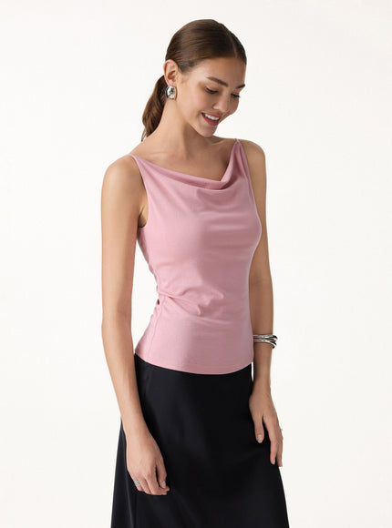 Stretch Linen Cowl Neck Built-In Bra Tank