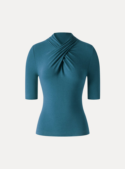 Crisscross Mock Neck Elbow Sleeve Ruched Top