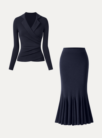 2Pcs Set Collared Surplice Top & High-Rise Mermaid Midi Skirt