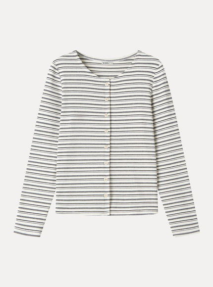 Stripe Round Neck Long Sleeve Button-Up Cardigan