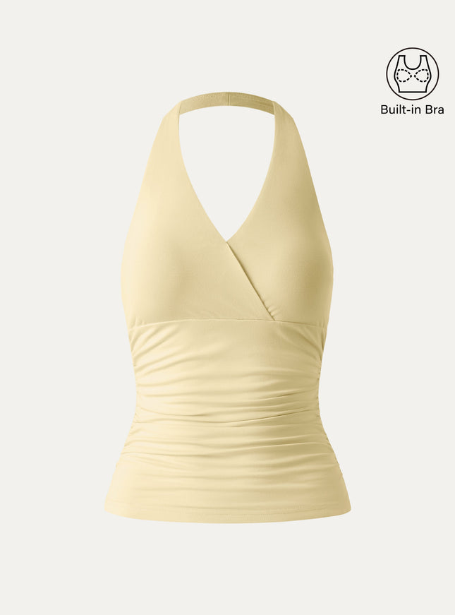 Halter Neck Side Gathered New Airy Built-In Bra Tank