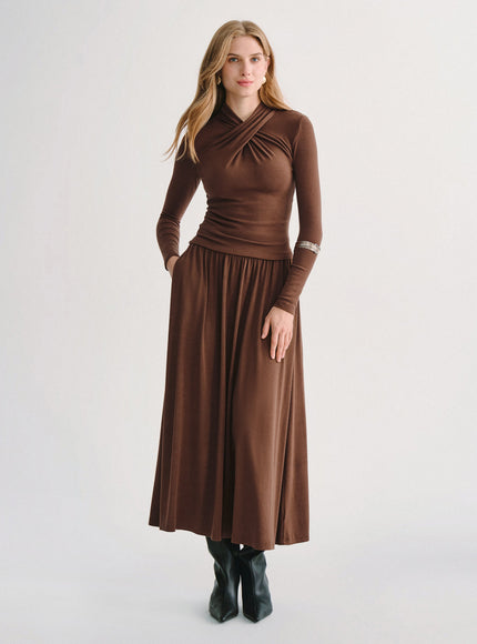 2Pcs Set Mockneck Long Sleeve Top & Mid-Rise A-Line Midi Skirt with Pockets