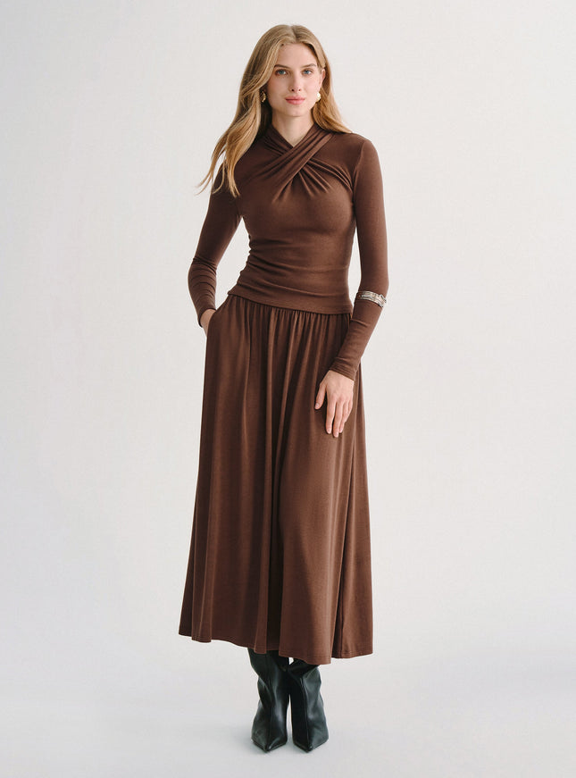 2Pcs Set Mockneck Long Sleeve Top & Mid-Rise A-Line Midi Skirt with Pockets
