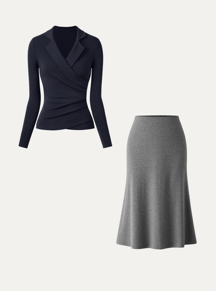 2Pcs Set Collared Surplice Top & Soft Thermal Pull-On Midi Skirt