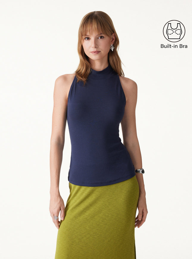 Lyocell-Wool Knit Mock Neck Built-In Bra Top
