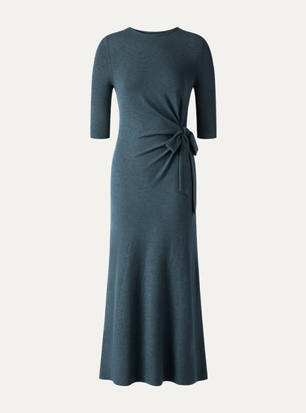 Slub Ribbed Round Neck Elbow Sleeve Tie-Waist Midi Dress