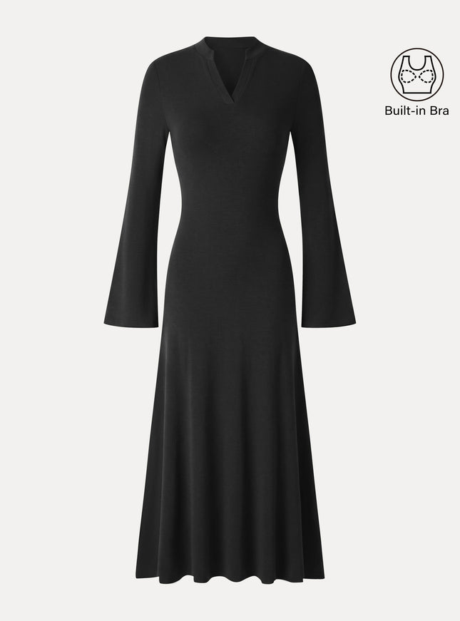 V-Neck Long Sleeve Flowy Midi Built-In Bra Dress
