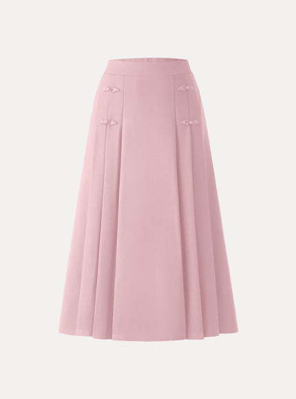 Pleated Frog Button Decor Midi A-line Skirt Limited Edition