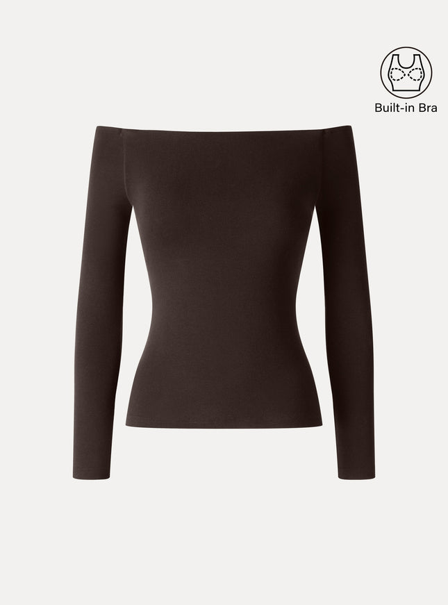 Non-Slip Off-Shoulder Long Sleeve Built-In Bra Top