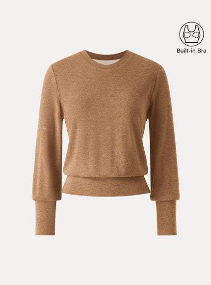 Elevated Crewneck Brushed Built-In Bra Top with Banded Hem